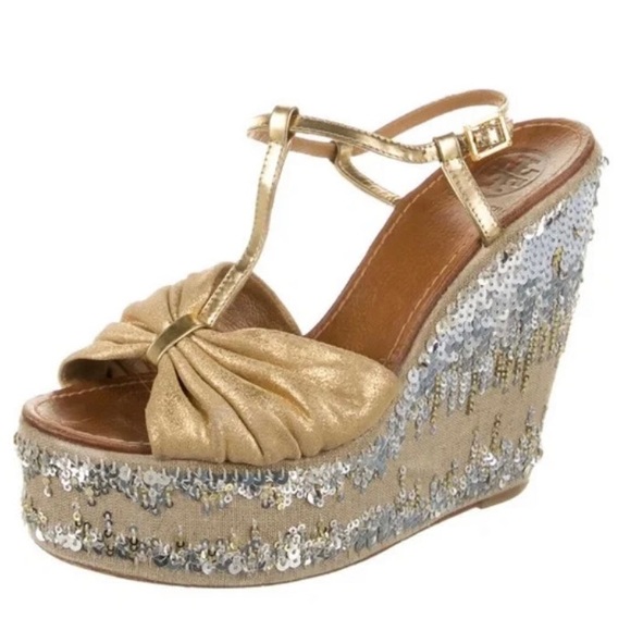 Tory Burch Gold Metallic Wedges Leather Platform Sequin Embellished Sandals - Picture 2 of 6